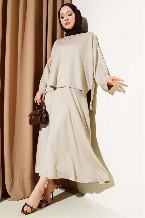 Loyşa Basic Tunic Skirt 2 Piece Set Beige