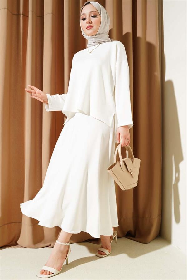 Loyşa Basic Tunic Skirt 2 Piece Set Ecru