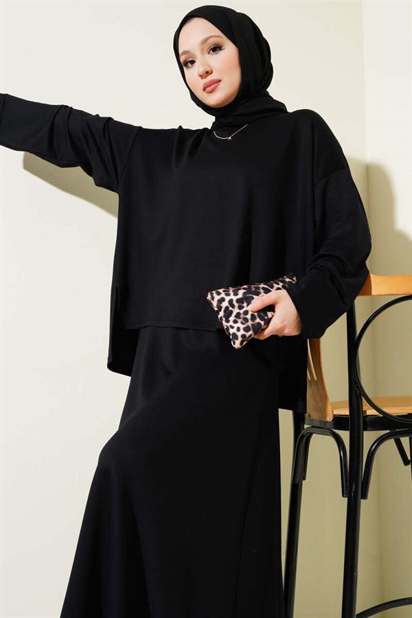 Loyşa Basic Tunic Skirt 2 Piece Set Black