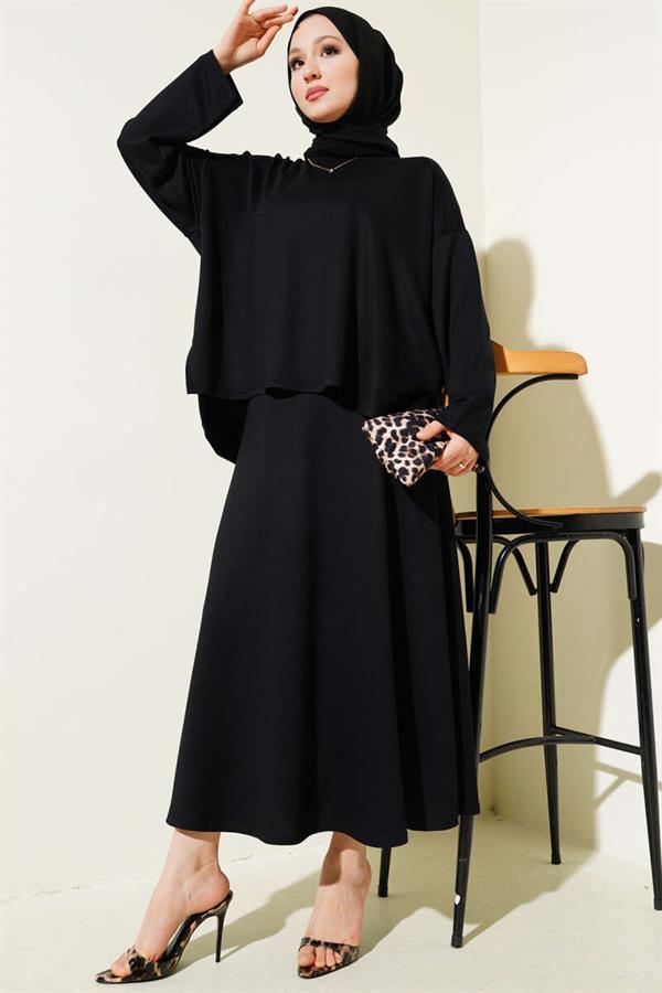 Loyşa Basic Tunic Skirt 2 Piece Set Black