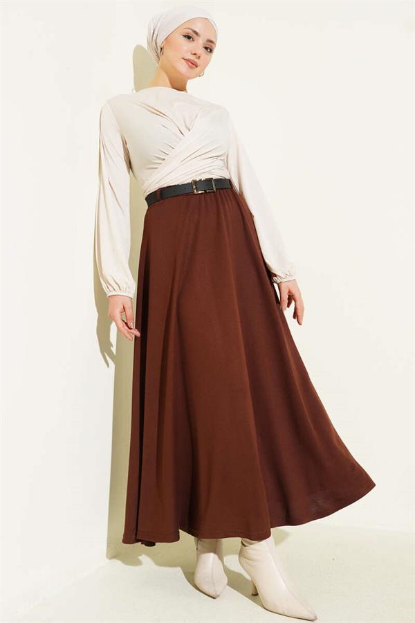 Loysa Belted Skirt with Elastic Waistband, Brown