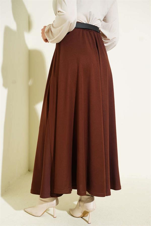 Loysa Belted Skirt with Elastic Waistband, Brown