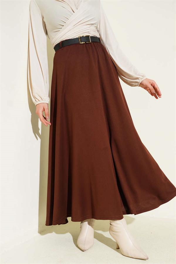 Loysa Belted Skirt with Elastic Waistband, Brown