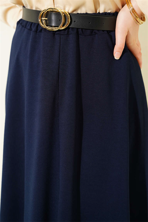 Loysa Skirt with Elastic Waistband and Belt, Navy Blue