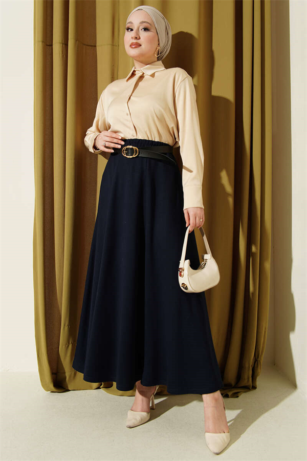 Loysa Skirt with Elastic Waistband and Belt, Navy Blue