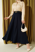 Loysa Skirt with Elastic Waistband and Belt, Navy Blue
