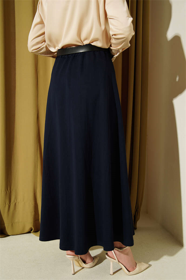 Loysa Skirt with Elastic Waistband and Belt, Navy Blue