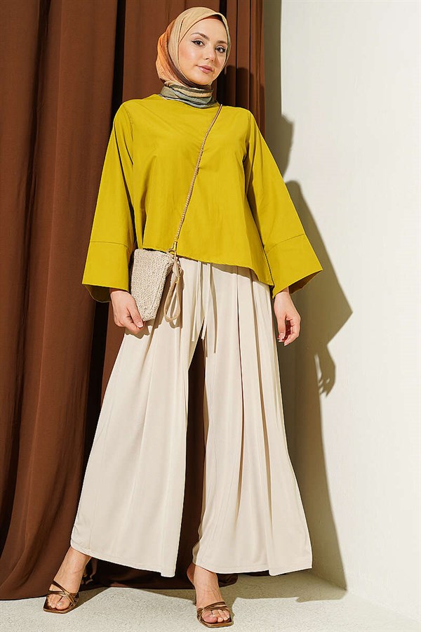 Loysa Loose-Fitting Trousers with Elastic Waistband, Beige