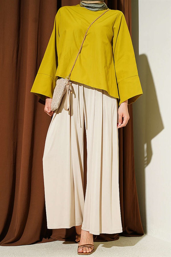 Loysa Loose-Fitting Trousers with Elastic Waistband, Beige