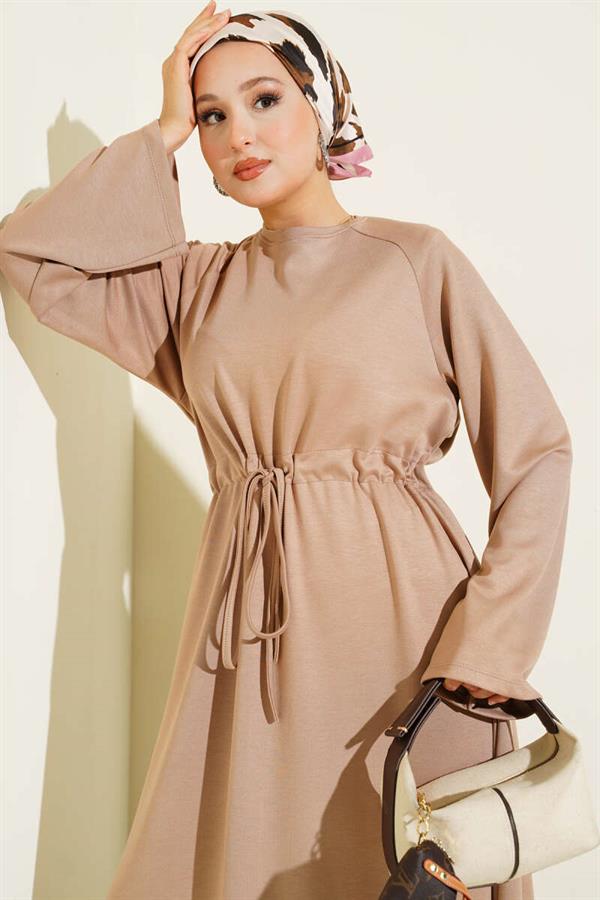 Loyşa Waist Tunnel Detailed Dress Latte
