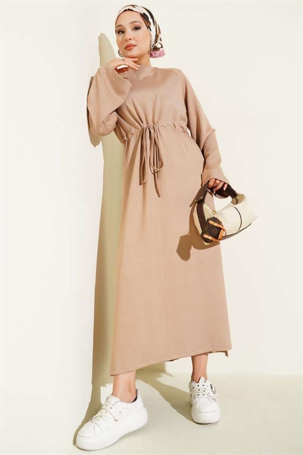 Loyşa Waist Tunnel Detailed Dress Latte