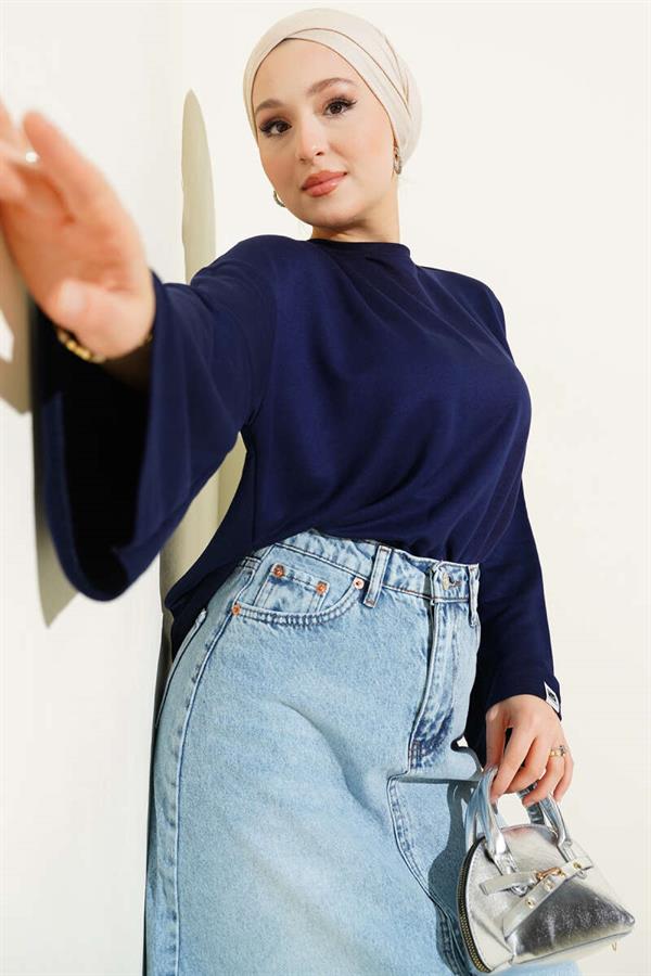 Loyşa Wrist Crest Basic Blouse Navy Blue