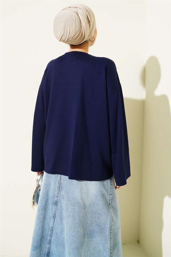 Loyşa Wrist Crest Basic Blouse Navy Blue