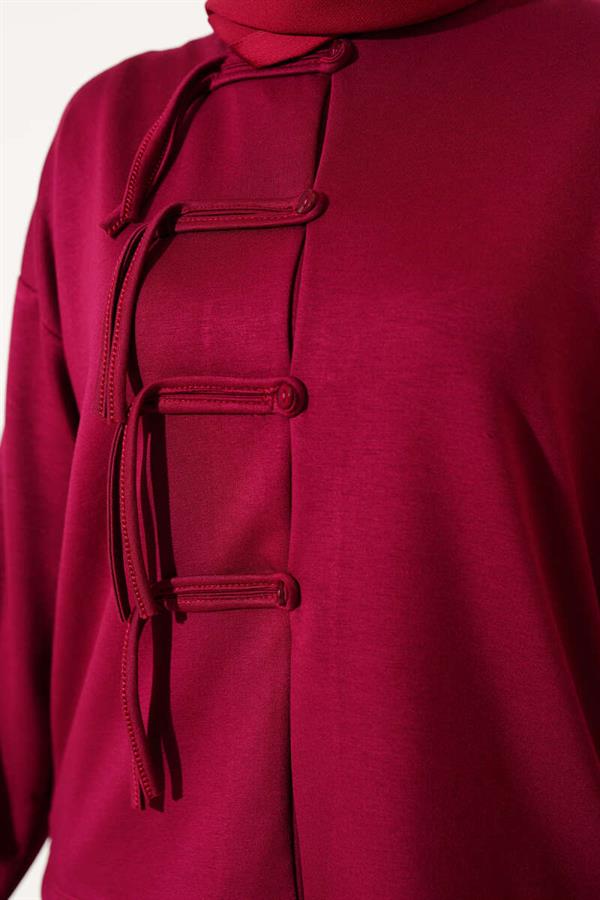 Loyşa Brit Buttoned Skirted 2 Piece Set Burgundy
