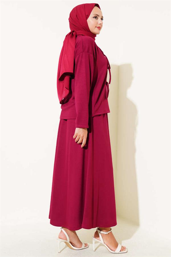 Loyşa Brit Buttoned Skirted 2 Piece Set Burgundy