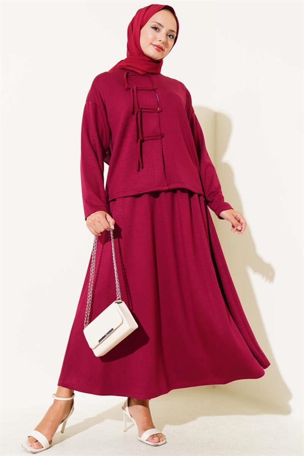 Loyşa Brit Buttoned Skirted 2 Piece Set Burgundy