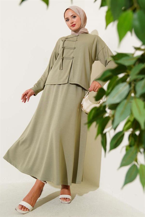 Loyşa Brit Buttoned Skirted 2 Piece Set, Almond Green