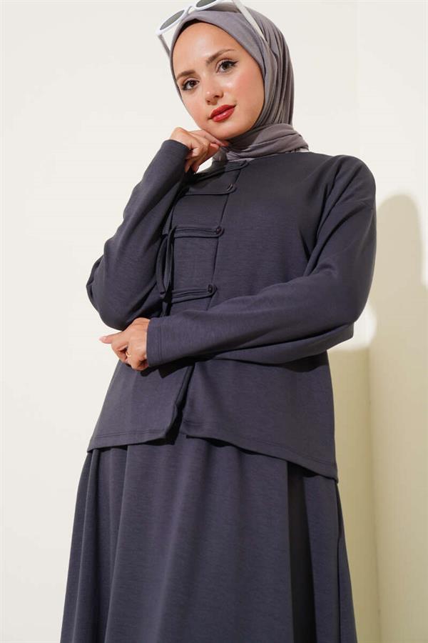 Loyşa Brit Buttoned Skirted 2 Piece Set Smoke
