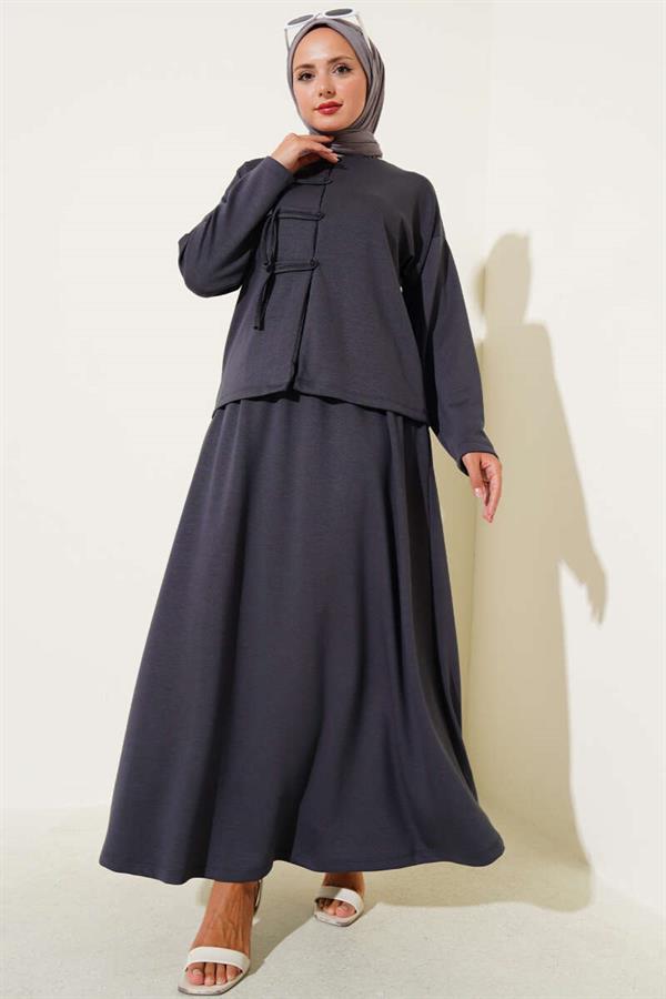 Loyşa Brit Buttoned Skirted 2 Piece Set Smoke