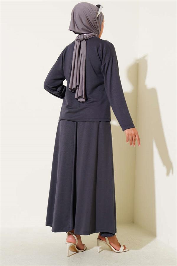 Loyşa Brit Buttoned Skirted 2 Piece Set Smoke