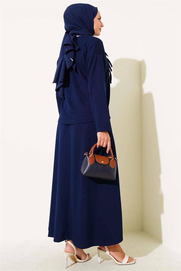 Loyşa Brit Buttoned Skirted 2 Piece Set Navy Blue