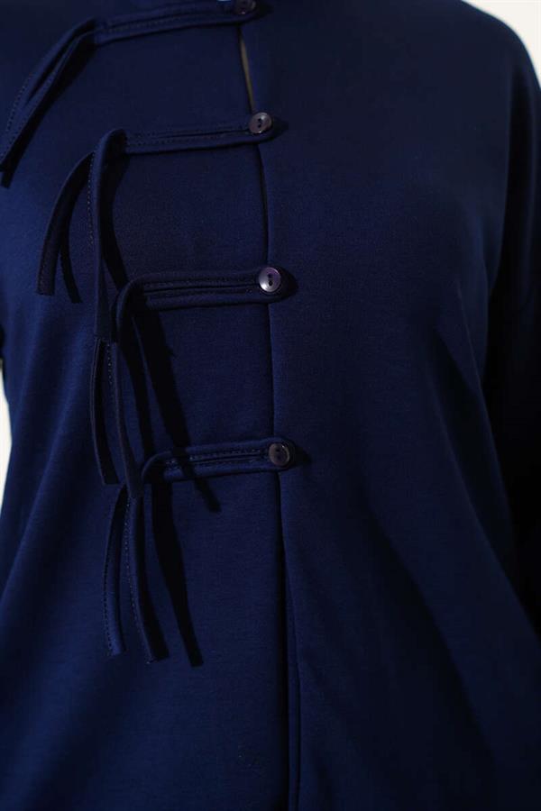 Loyşa Brit Buttoned Skirted 2 Piece Set Navy Blue