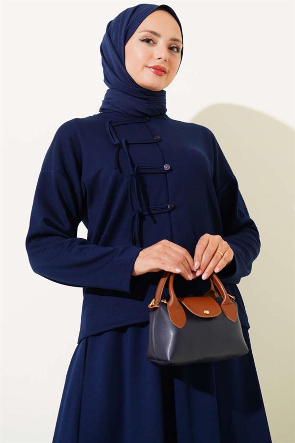 Loyşa Brit Buttoned Skirted 2 Piece Set Navy Blue