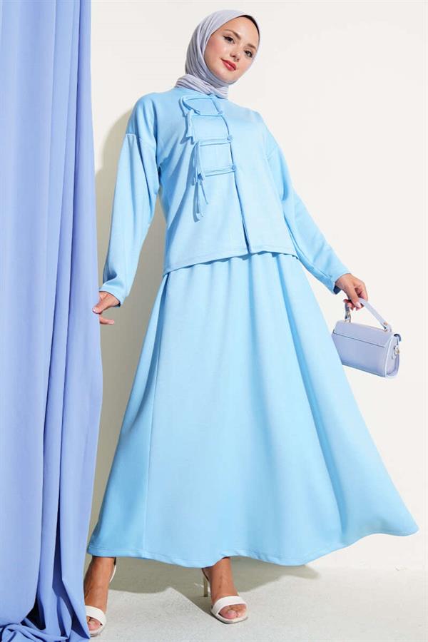 Loyşa Brit Buttoned Skirted 2 Piece Set Blue