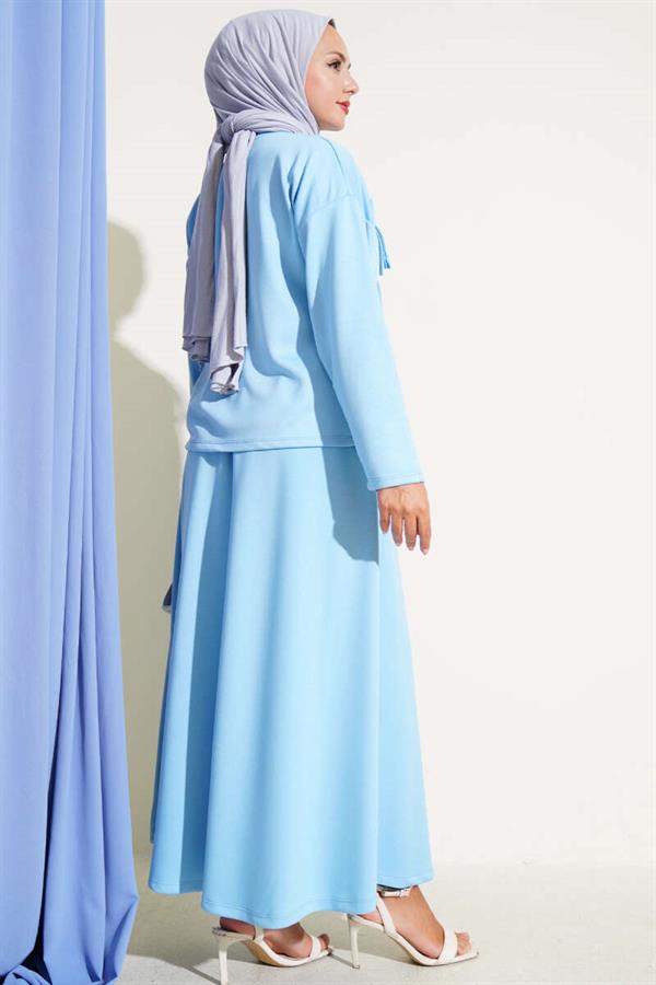 Loyşa Brit Buttoned Skirted 2 Piece Set Blue