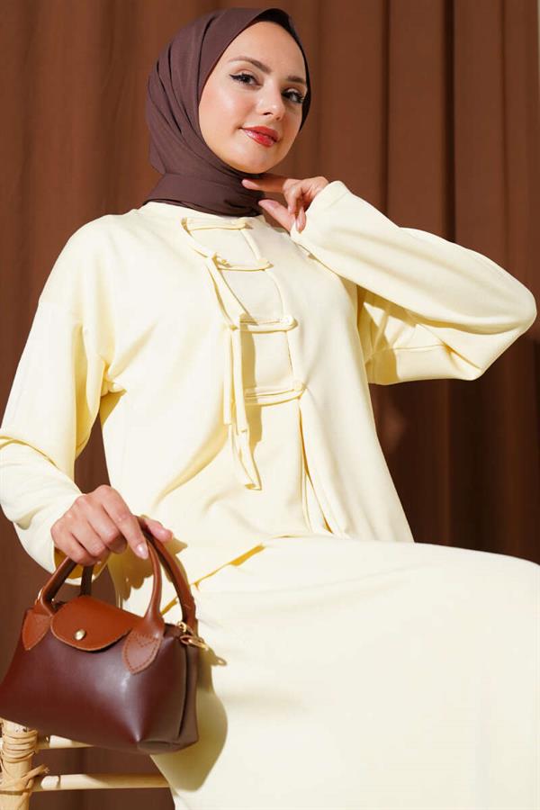 Loyşa Brit Buttoned Skirted 2 Piece Set Yellow