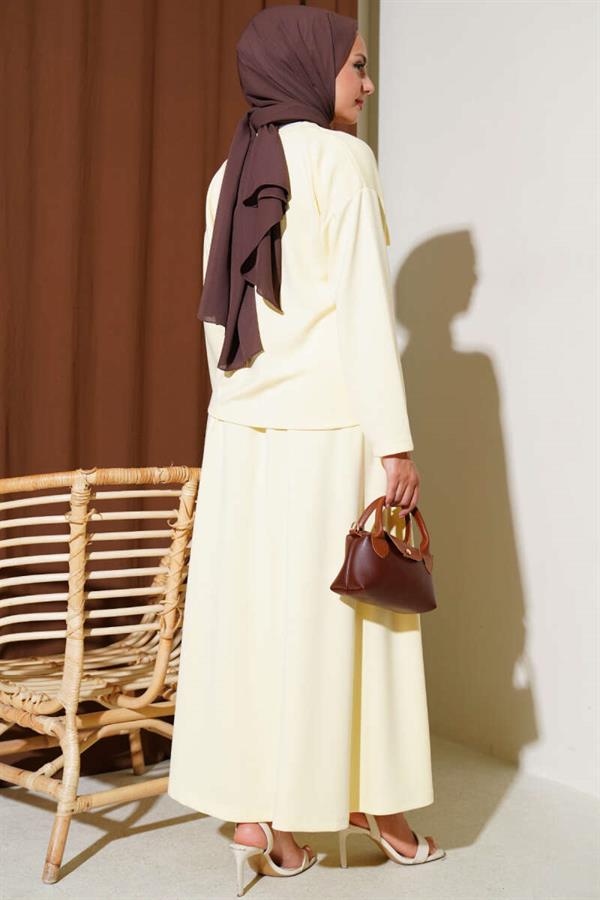 Loyşa Brit Buttoned Skirted 2 Piece Set Yellow