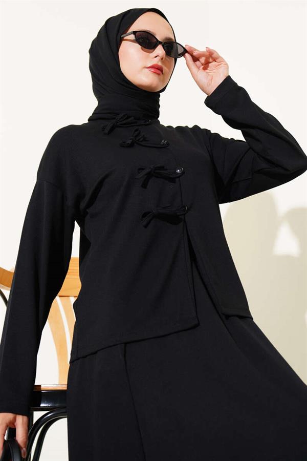 Loyşa Brit Buttoned Skirted 2 Piece Set Black