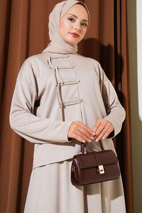 Loyşa Brit Buttoned Skirted 2 Piece Set Stone
