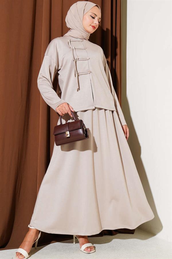 Loyşa Brit Buttoned Skirted 2 Piece Set Stone