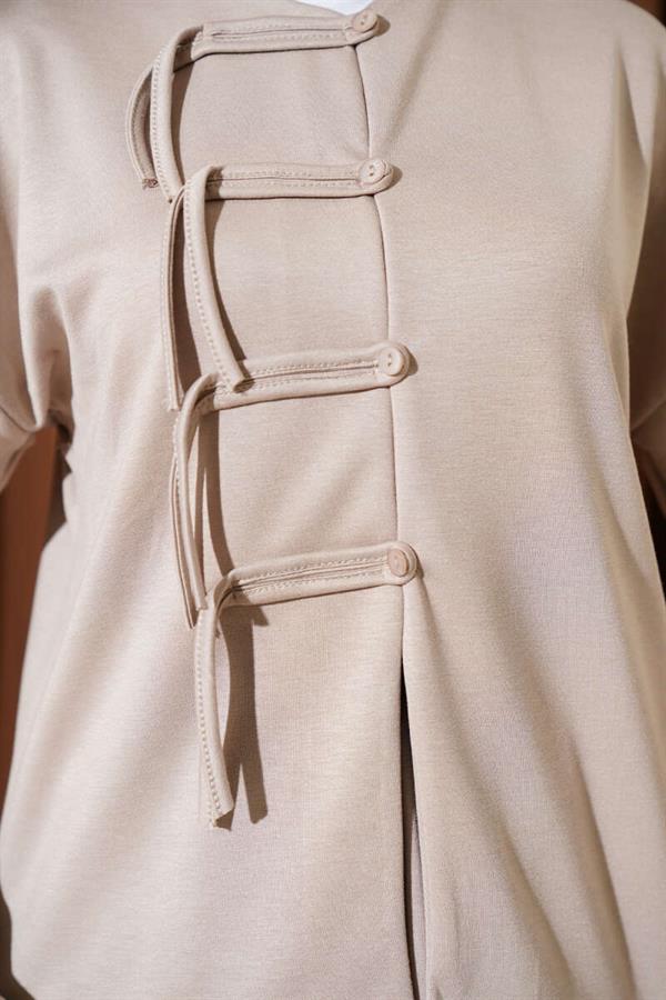 Loyşa Brit Buttoned Skirted 2 Piece Set Stone