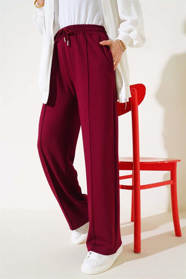 Loyşa Wide Leg Trousers with Stripes Burgundy