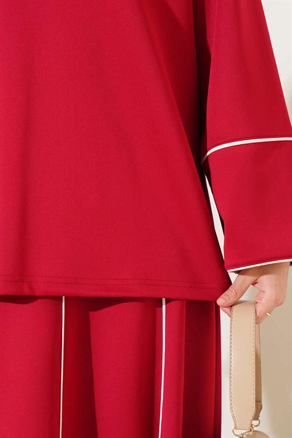 Loyşa Stripe Detailed Skirted 2 Piece Set Claret Red