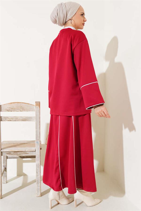 Loyşa Stripe Detailed Skirted 2 Piece Set Claret Red