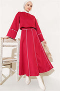 Loyşa Stripe Detailed Skirted 2 Piece Set Claret Red