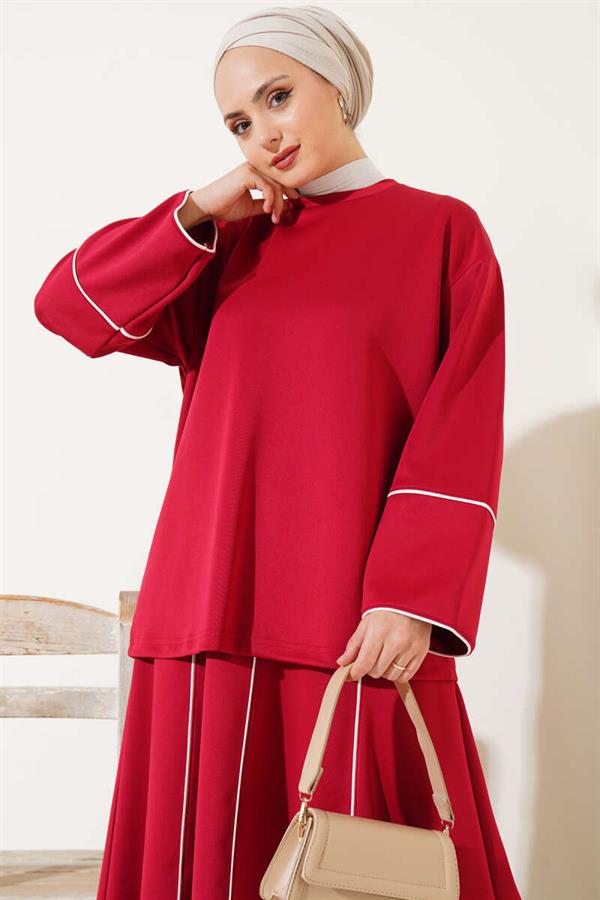 Loyşa Stripe Detailed Skirted 2 Piece Set Claret Red