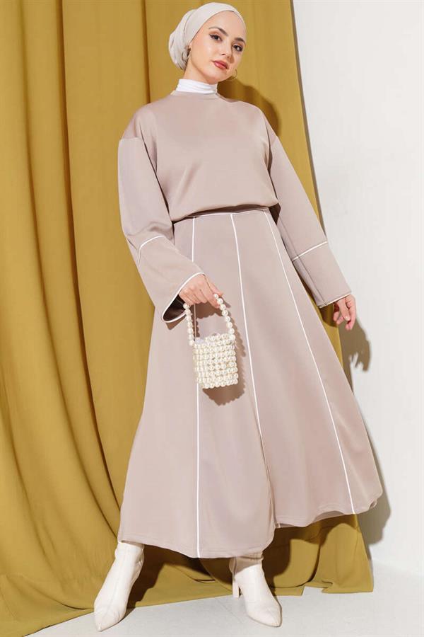 Loyşa Striped Detailed Skirted 2 Piece Set Latte