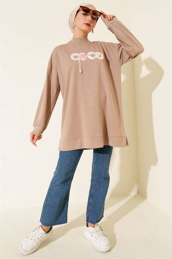 Loyşa Coco Text Decorated Tunic Beige