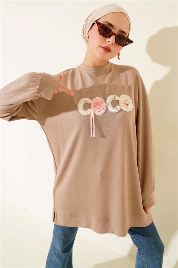 Loyşa Coco Text Decorated Tunic Beige