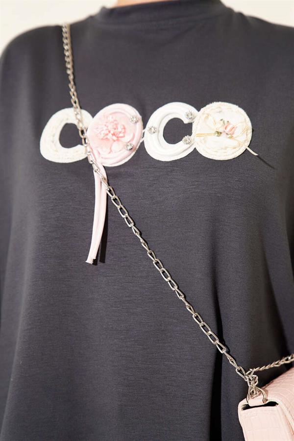 Loyşa Coco Text Decorated Tunic Smoke Color
