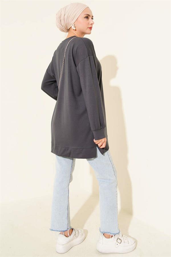 Loyşa Coco Text Decorated Tunic Smoke Color