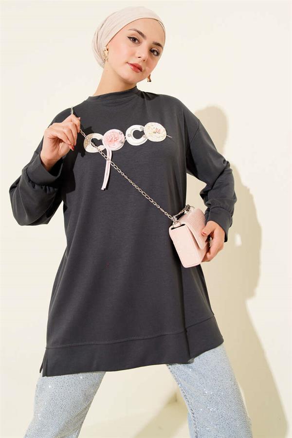 Loyşa Coco Text Decorated Tunic Smoke Color