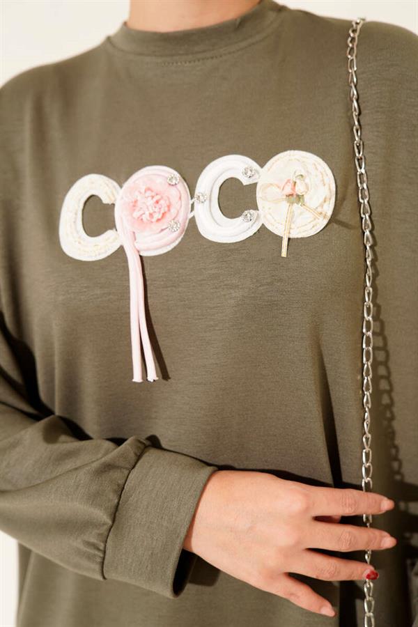 Loyşa Coco Text Decorated Tunic Khaki