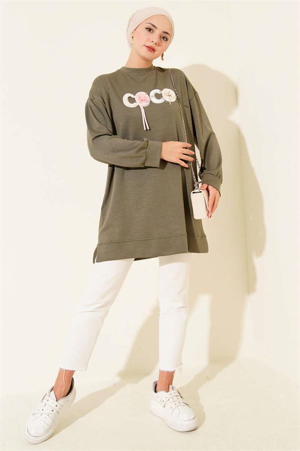 Loyşa Coco Text Decorated Tunic Khaki