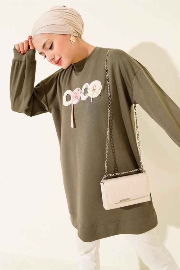 Loyşa Coco Text Decorated Tunic Khaki