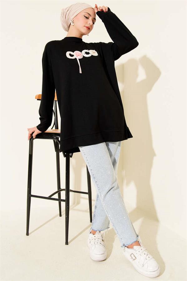 Loyşa Coco Text Decorated Tunic Black